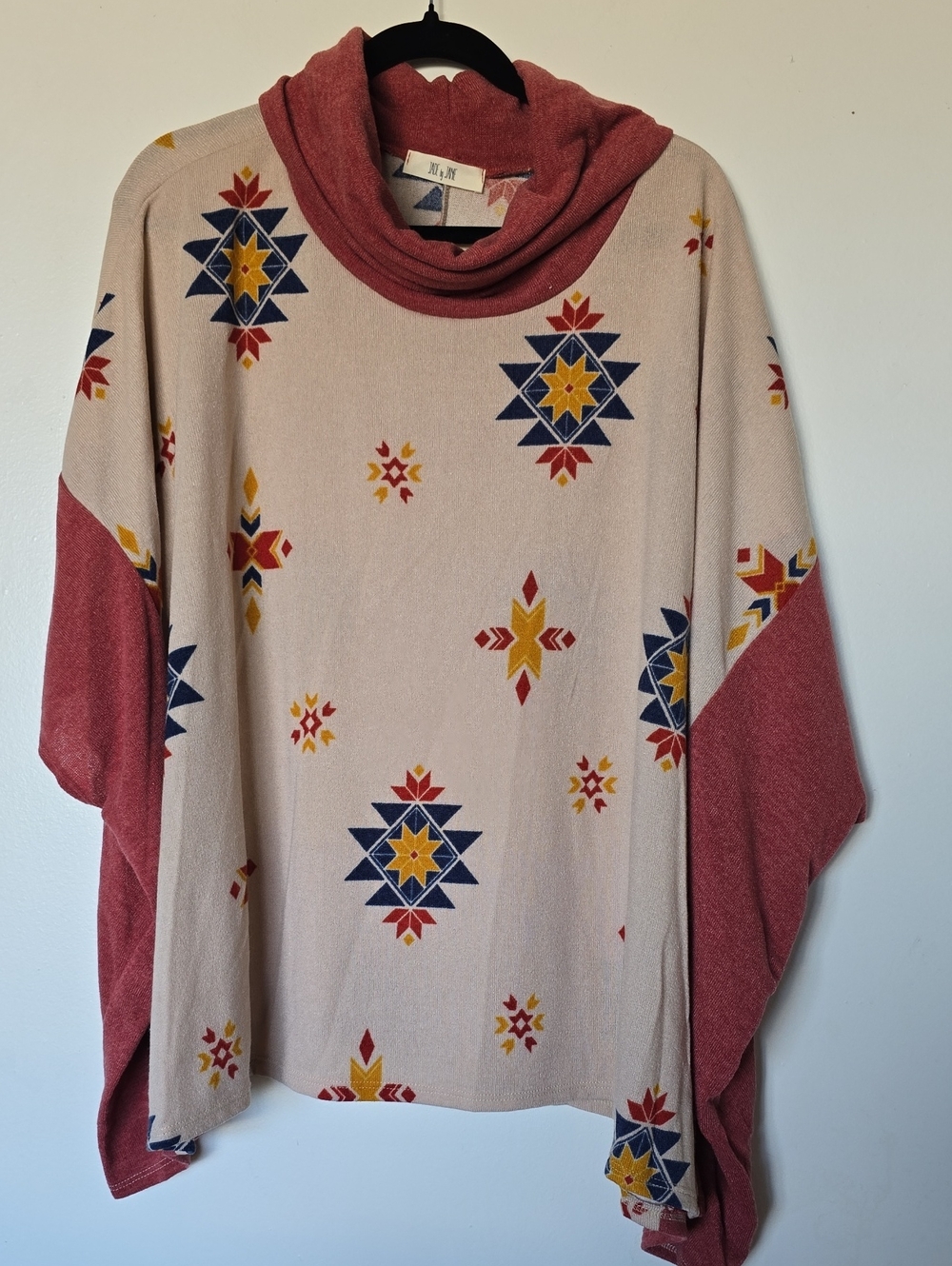 Cowl Neck Aztec Pullover Sweater - Dusty Rose/Cream